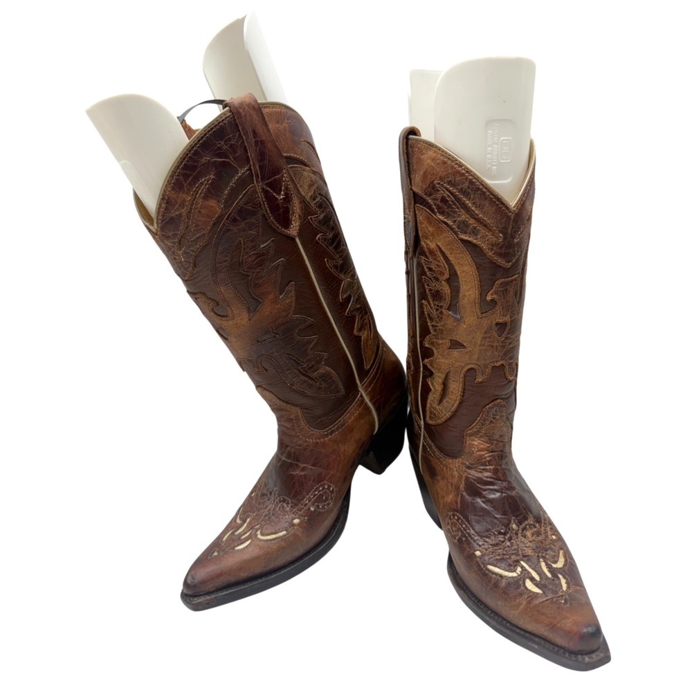 Establo Women Western Cowboy Boots Brown Leather Snip Toe Inlay 918-G32 / Size 5